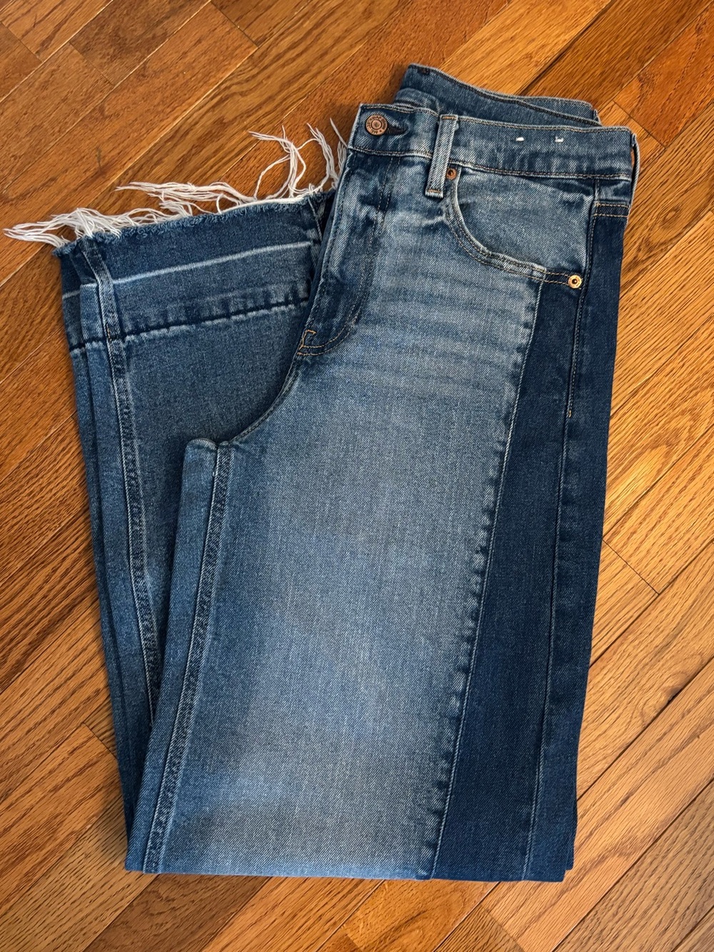 GAP Two-Tone Blue Straight-Leg Jeans with Raw Hem